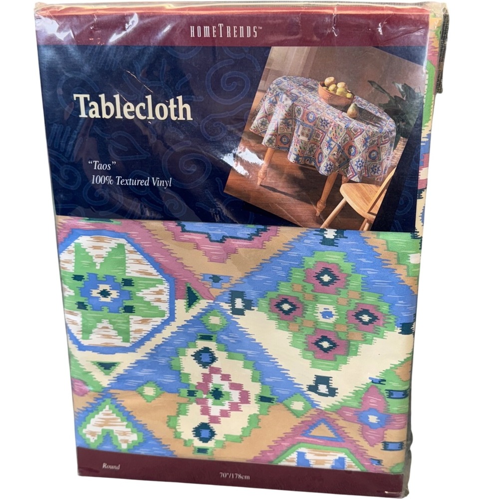 90s VTG Home Trends‎ Taos Tablecloth 70" Round Textures Vinyl Southwestern Aztec